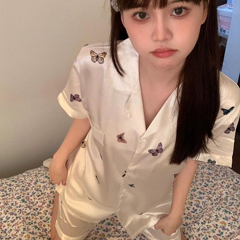 Spring And Summer Ice Silk Pajamas Women'S Short-Sleeved Shorts High-End Butterfly Printing Loungewear Can Be Worn Outside