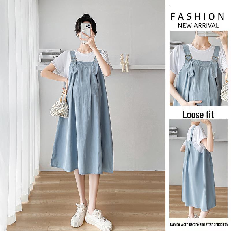 Korean Style Maternity Dress: 2026 Summer Patchwork Skirt, Faux Two-Piece Design
