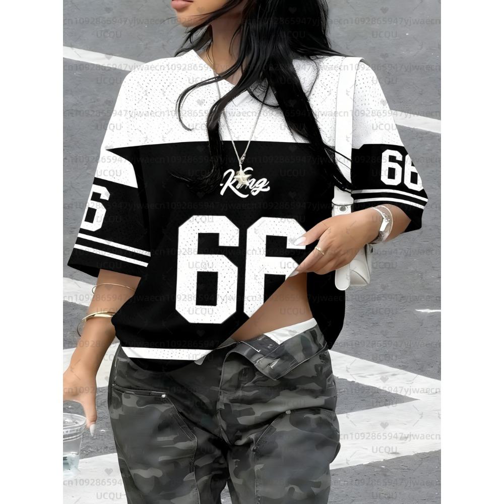 Women's King No.66 Print V-Neck Short Sleeve T-Shirt Summer Graphic Tee Hole Mesh Jerseys Plus Size Sport T-Shirt