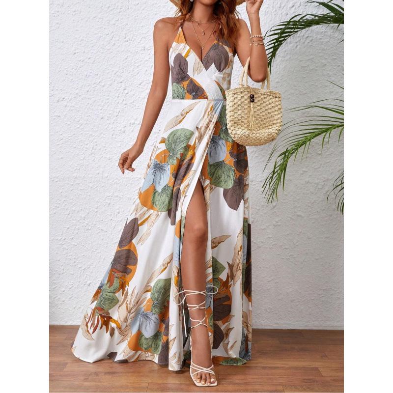 Tropical Print High Slit Strap Dress - European & American Style