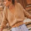 Damen V-Ausschnitt Mohair Cardigan - Langarm, Lochmuster, einfarbige Basis für Frühling & Herbst