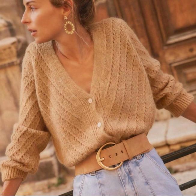Damen V-Ausschnitt Mohair Cardigan - Langarm, Lochmuster, einfarbige Basis für Frühling & Herbst
