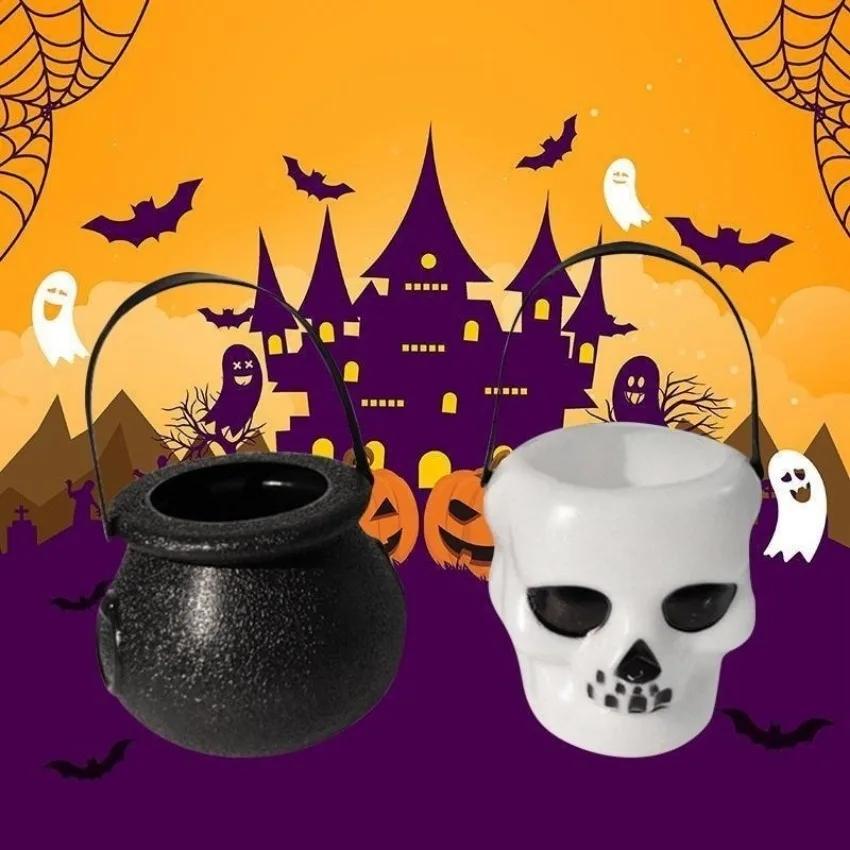 1Pcs Black Or White Plastic Candy Jar Skull Witch Cauldron Candy Kettle Halloween Party Hanging Props Halloween Decor