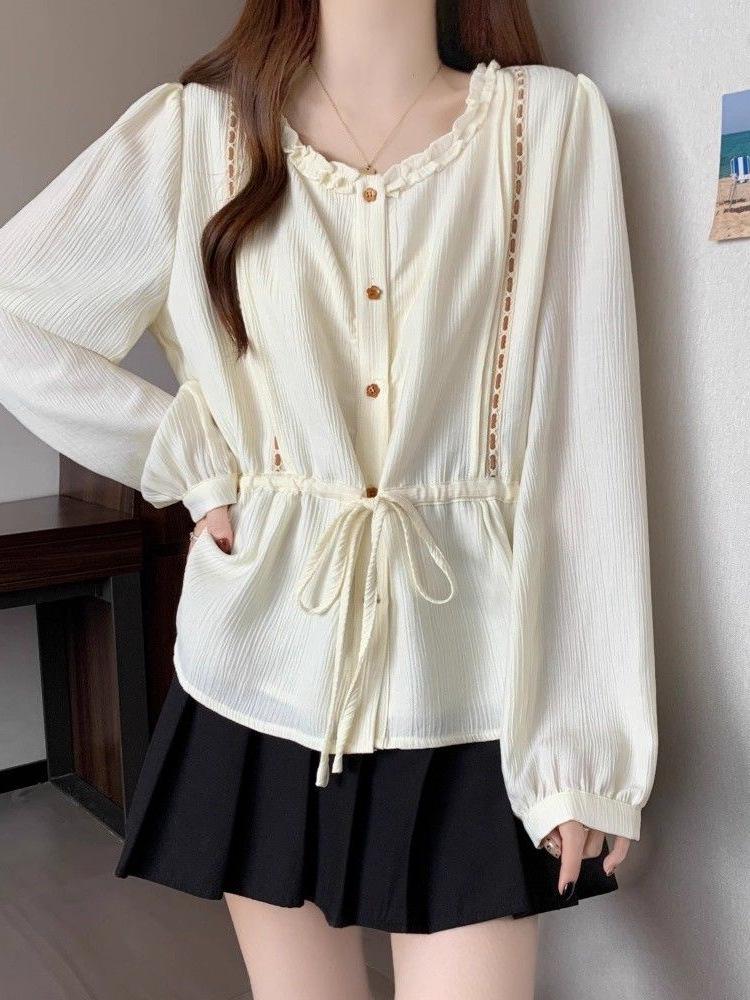 Autumn Collection Plus Size Ruffled Round Neck Long Sleeve French Tie-Up T-Shirt - Slimming Design 2026