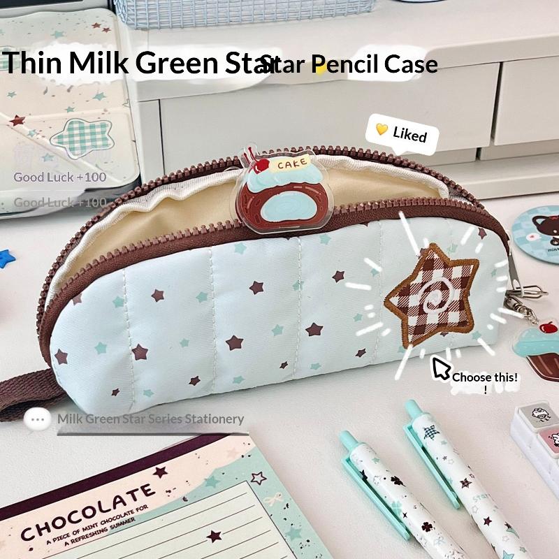 Kawaii Embroidery Star Pencil Holder Large Capacity Zipper Closure Portable Pencil Pouch for College Students School Supplies