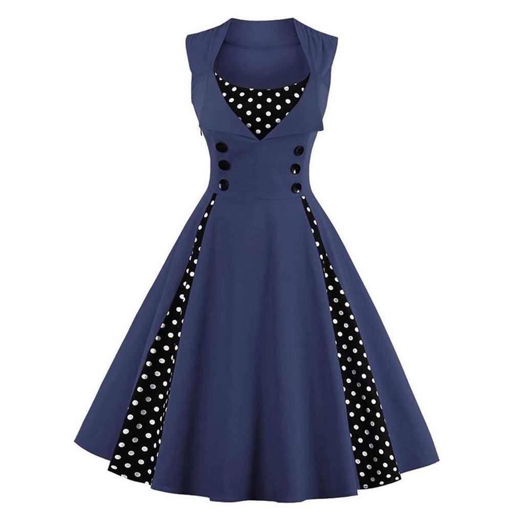 Women's Retro Fitted Sleeveless Polka Dot Print Dress For Performance