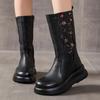 Mode GKTINOO Stickerei Echtes Leder Damen Langstiefel Handgefertigt Dicke Sohle Stiefeletten Keile Damenschuhe Plateau Mid-Calf Stiefel