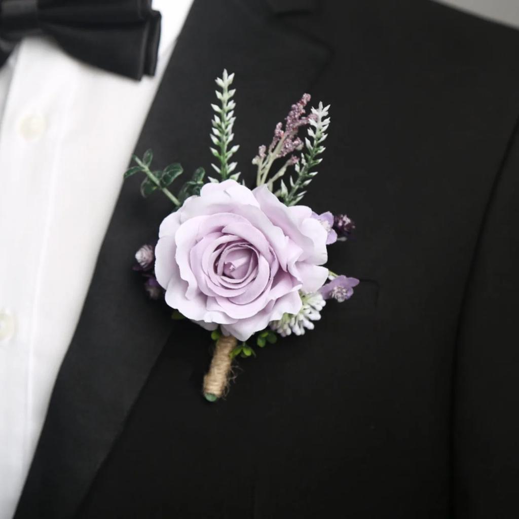 6pcs Rustic Artificial Rose Boutonniere Corsage Set Dusty Rose White Wristband Prom Suit Flowers for Wedding Ceremony