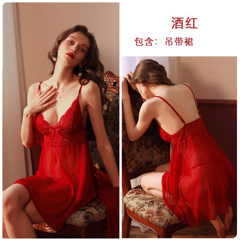 

Піжама жіноча літня нічна сорочка рожевий бант сітчастий спальний одяг сексуальна спідниця на підтяжках L