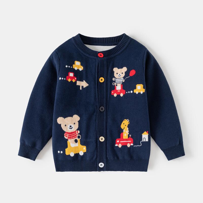 

Tengyun Pigeon Мальчиковый двухслойный хлопковый свитер с открытой грудью - Вязаный кардиган с жаккардовым узором в виде мультяшного медведя Size 110 (For height 100cm)