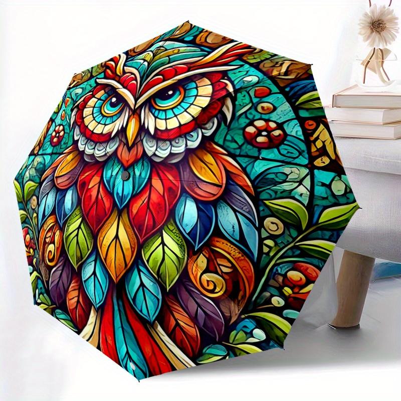 1pc Colorful Owl Pattern Automatic Opening and Closing Umbrella - Lightweight 3-Fold Design, Suitable for Fans, Travel, Daily Use - Official Prod