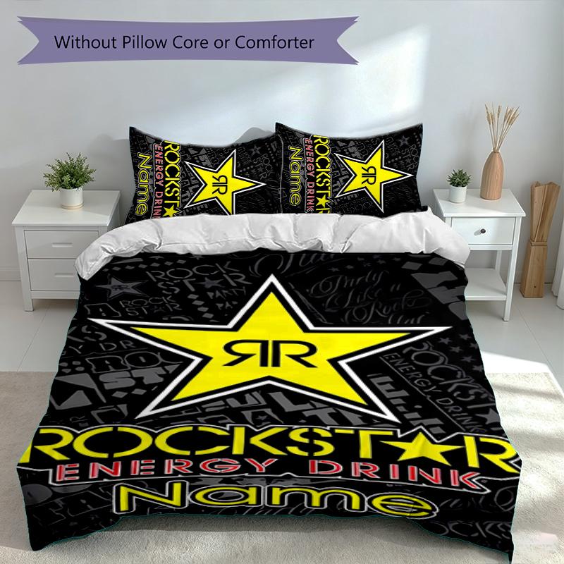 3pcs Custom Name Rockstar Energy Logo Bedding Set,Includes 1 Duvet Cover and 2 Pillowcases,All-season Bedroom Decor