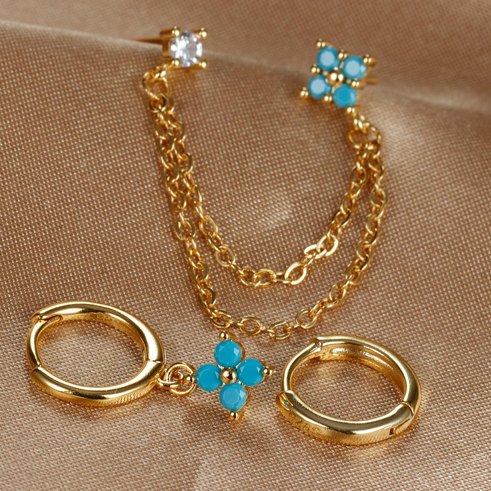3PCS New Design Four Crystal Flower Pendant Hoop Earrings Set For Women Double Ear Hole Chain Stud Earring Piercing Jewelry