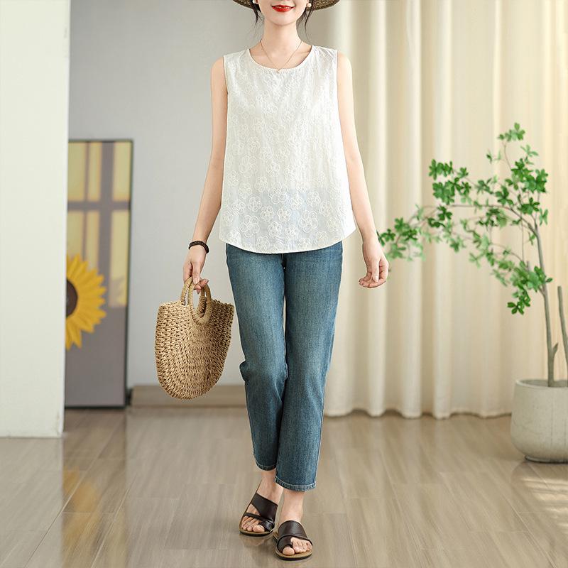 Women's Beige Embroidered Cotton Sleeveless Vest - New Chinese Style