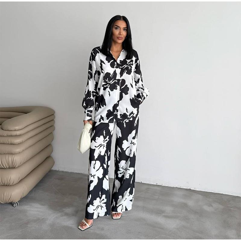 Tištěný volný ležérní set dámská košile s dlouhým rukávem kalhoty se širokými nohavicemi dvoudílný set na dojíždění jaro a léto