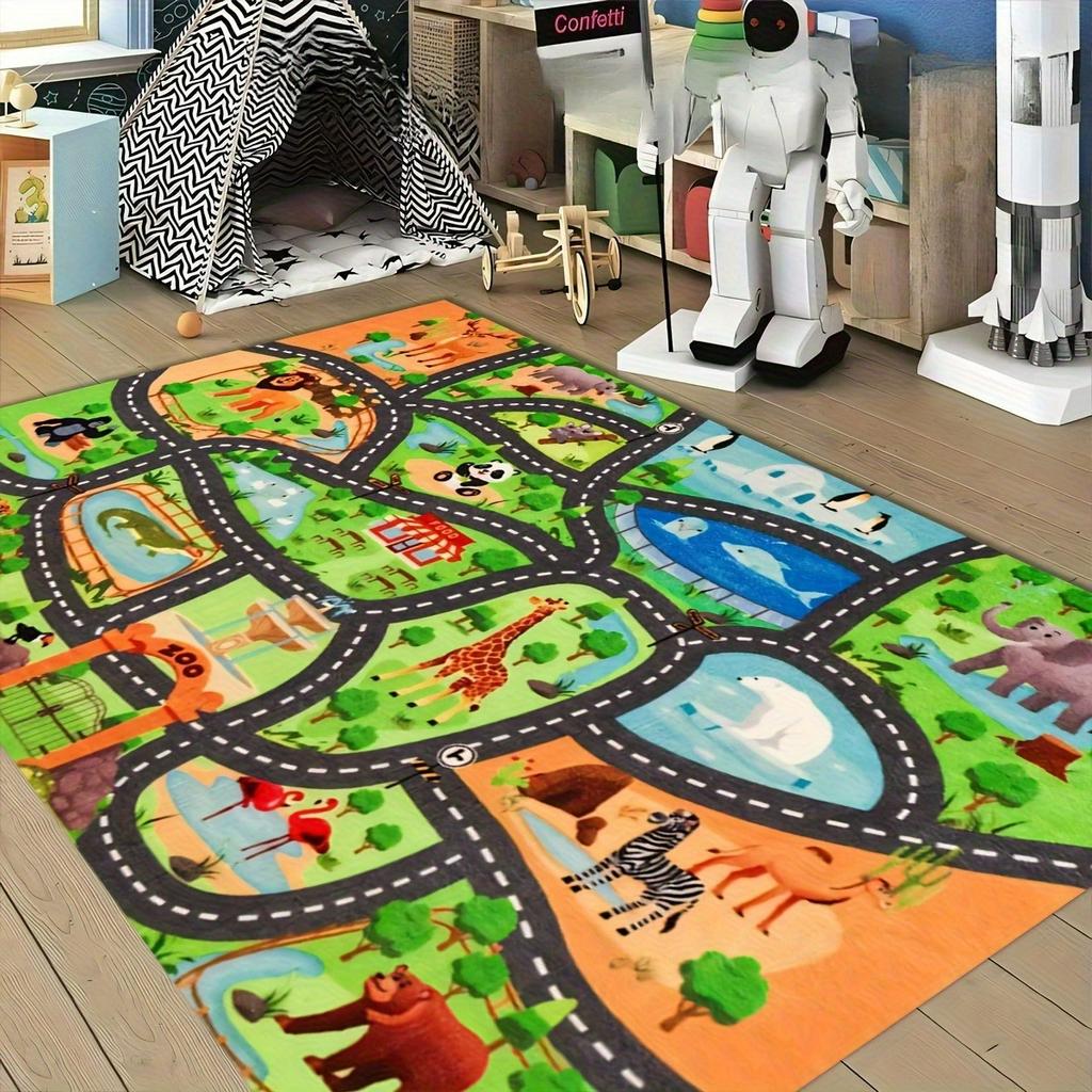 Zoo Animal Road Map Print Non-slip Kids Play Rug Interactive Educational Floor Mat for Bedroom Nursery Playroom Decor