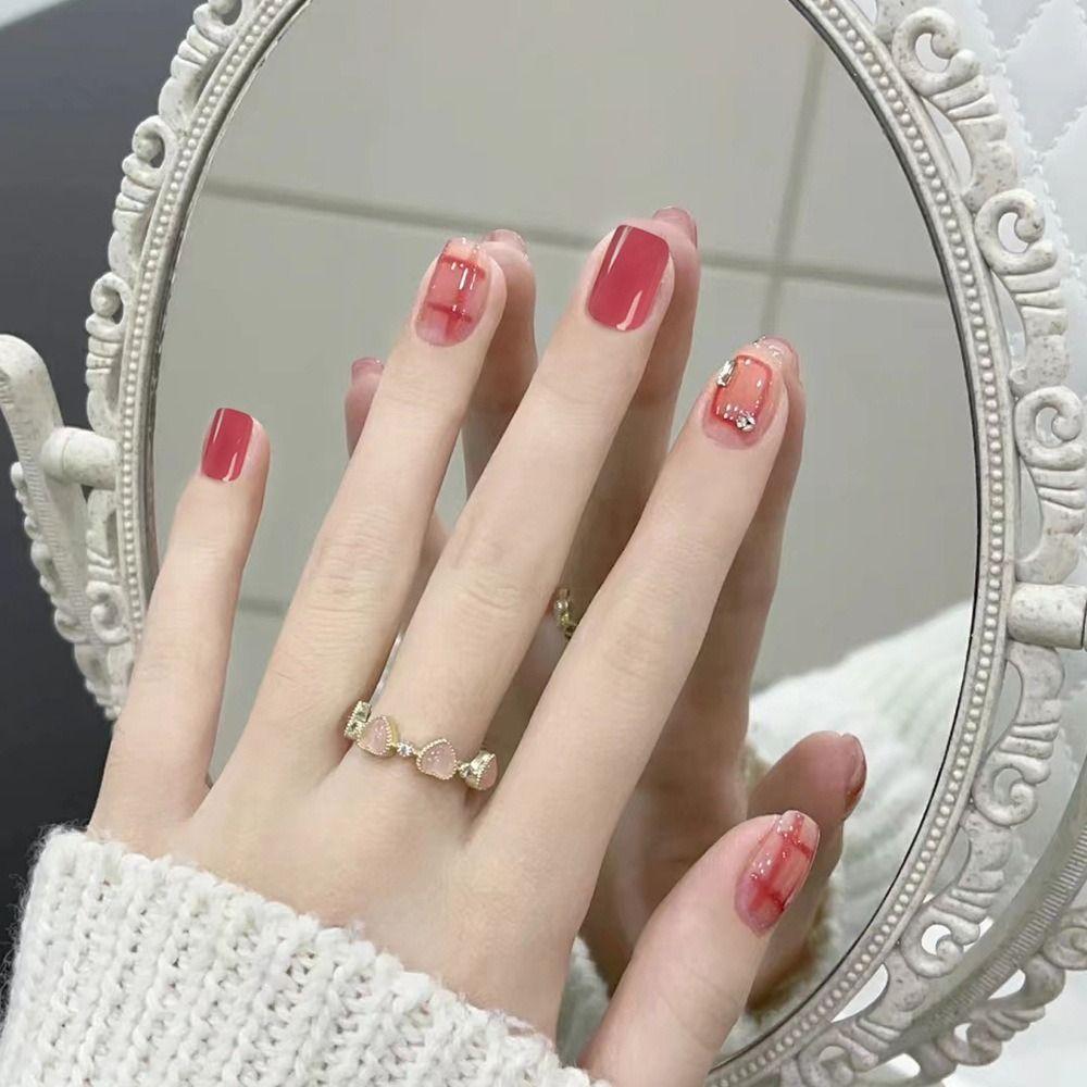 

Detachable Manicure DIY Fake Nials False Nails Cherry Red Square Head Simple