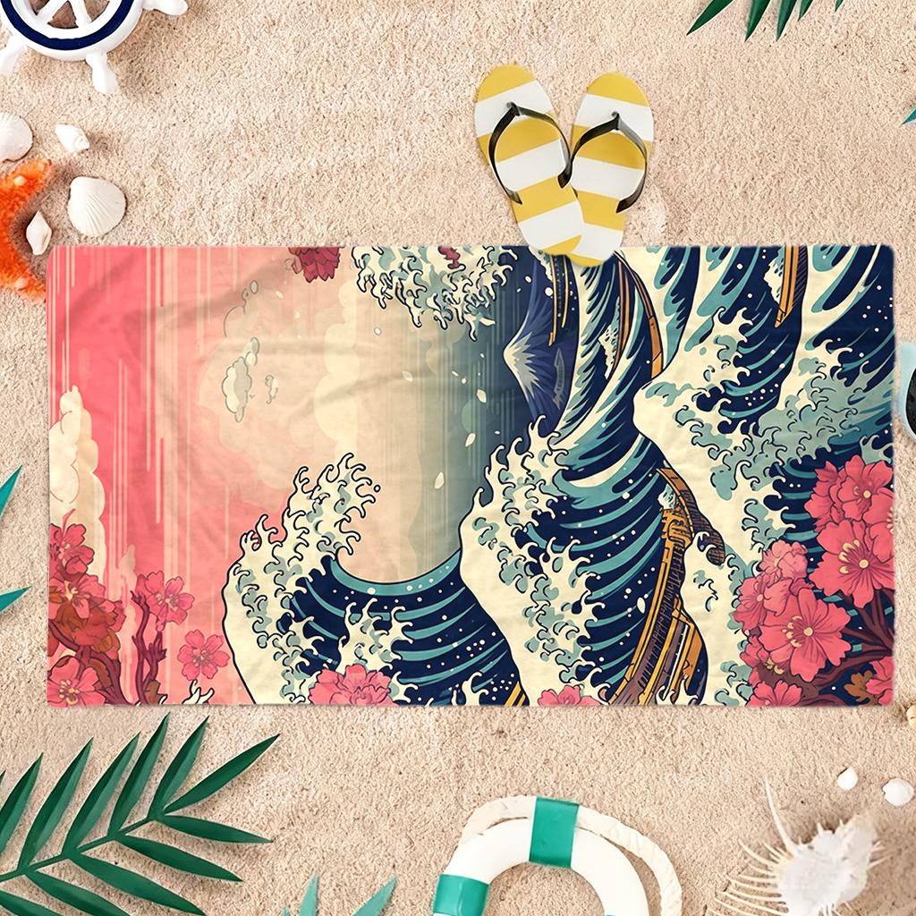 Japanese Ukiyo-E Style Beach Towel Wave Floral Design Large Towel Super Absorbent Suitable For Beach Pool Summer Gift For Friend