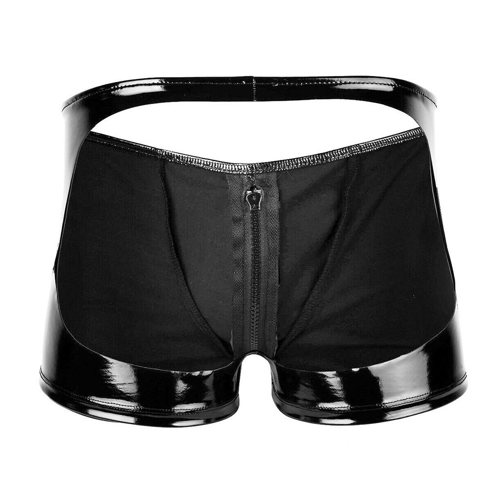 Mens PVC Zip Pouch Backless Briefs Wet Look Lingerie Trunks Shorts Gay Male Funny Open Back Jockstrap Open Butt Panties