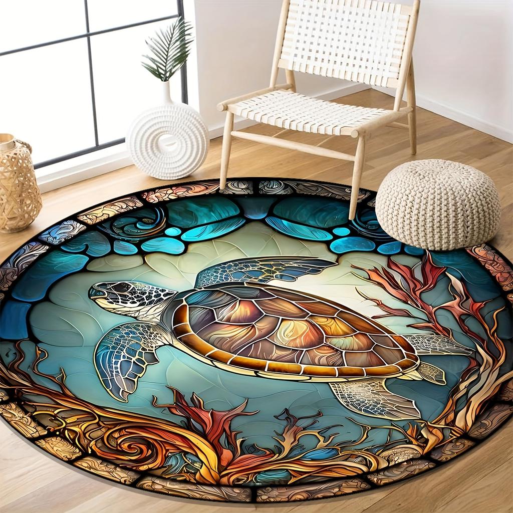 Velvet Sea Turtle Round Mat - Non-Slip Hand Wash Coral Reef Rug for Living Room, Bedroom & Office Decor