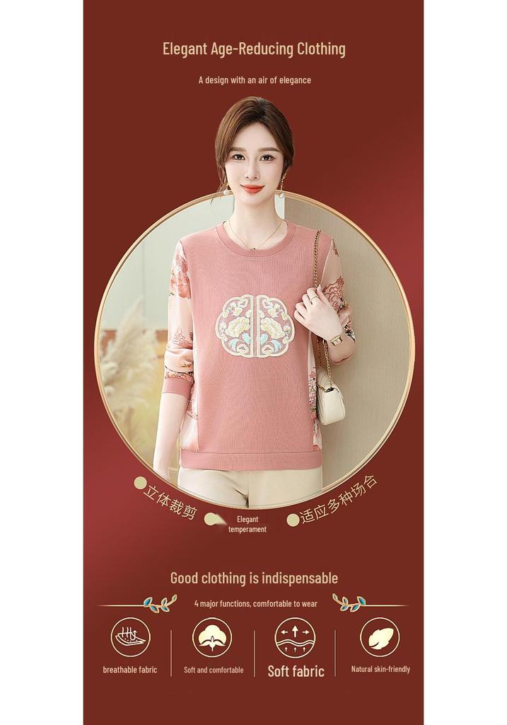 Frühlings-Besticktes Langarm-Freizeit-T-Shirt für Frauen mittleren Alters & ältere Frauen - Chinesischer Stil, Atmungsaktiv & Lockerer Schnitt