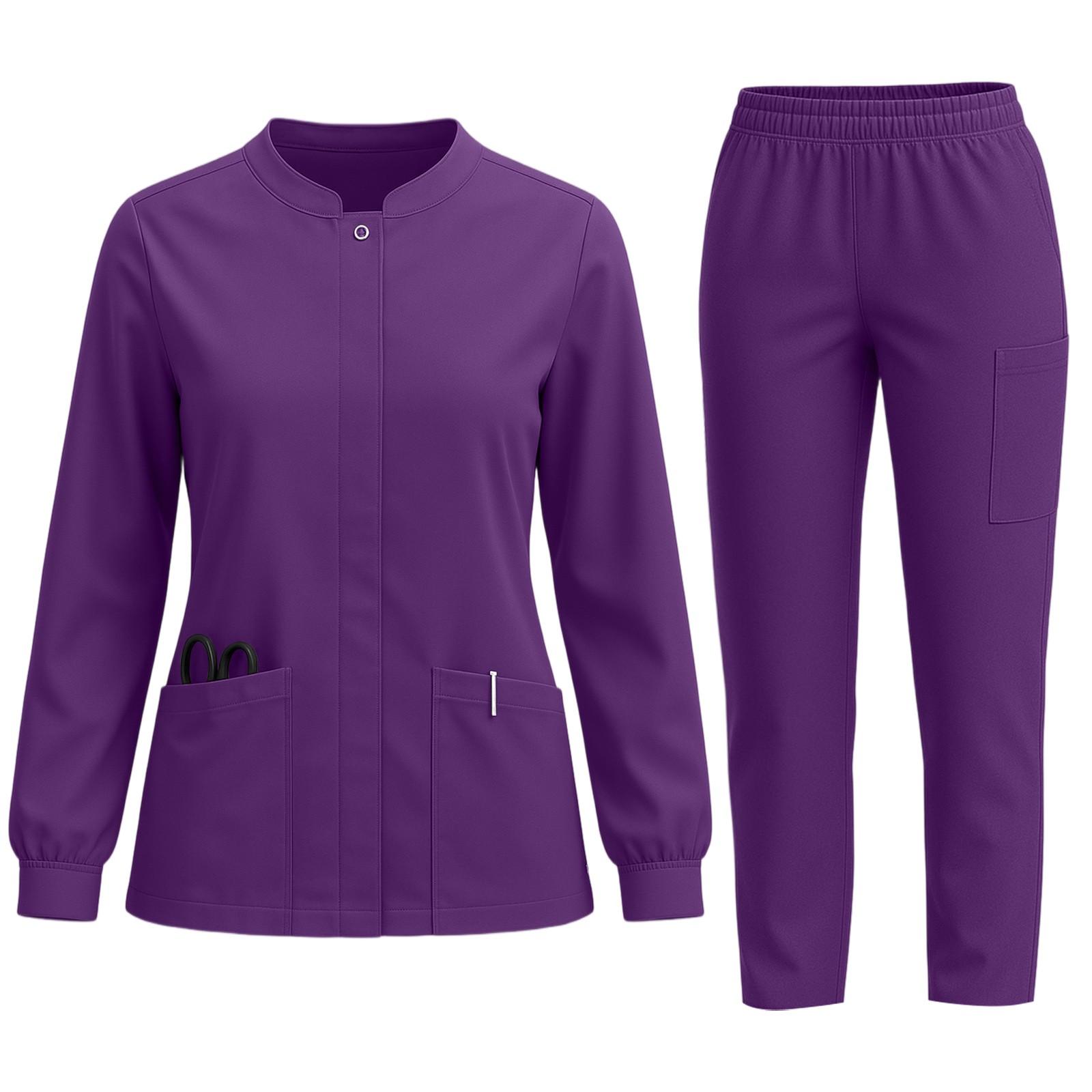 

Женский комплект из быстросохнущей ткани, однотонный, с круглым вырезом, карманом, длинными рукавами и брюками, рабочая одежда XXL фиолетовый