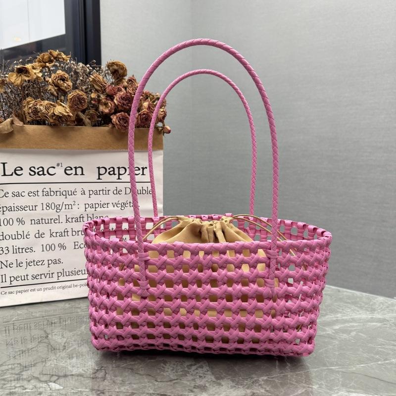 Korean Style Ins Hollow Out Woven Basket Bag Candy Color Beach Bag Handmade Straw Rattan Shoulder Handbag for Women Travel