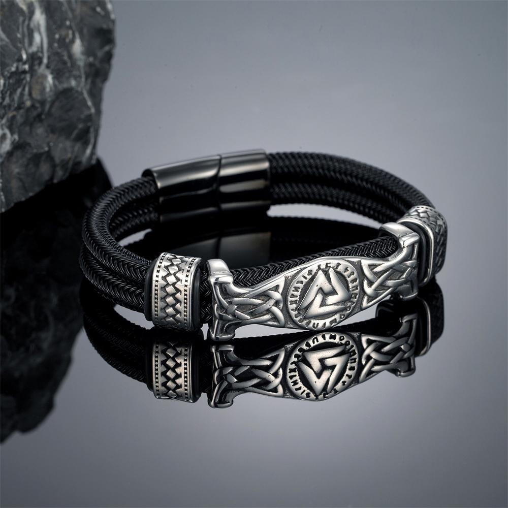 Bracciali in Acciaio Inossidabile con Rune Norrene Valknut da Uomo, Corda Metallica a Doppio Strato Inossidabile, Bracciale con Ciondolo, Gioielli Vichinghi, Lussuosi Regali Maschili