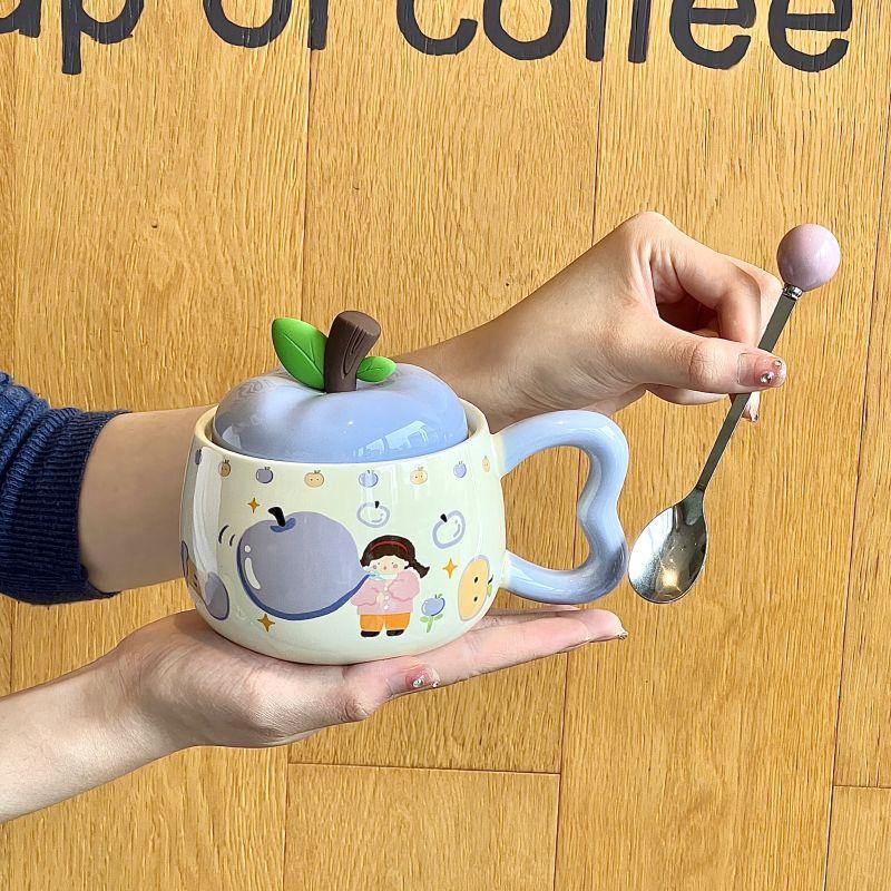 Birthday Gift for Girls Cute Fruit Girl Ceramic Mug with Lid Couple Best Friend Souvenir Gift Box