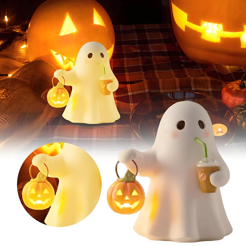 Halloween Decorations Nightstand Ghost Night Light Ghost Sculpture Statue Holding Pumpkin Drinking Ambient Lighting Home Decor