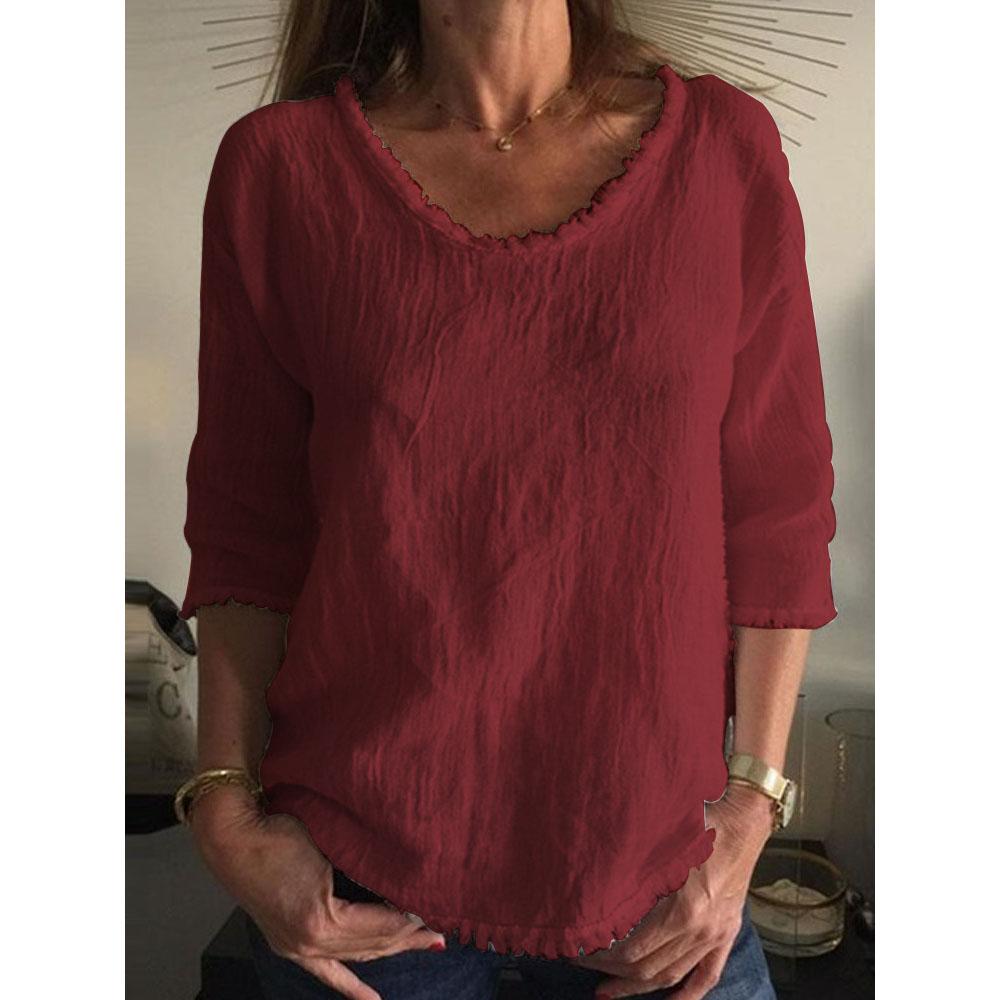 

FiveFive хлопковая повседневная свободная женская футболка с длинным рукавом и круглым вырезом с рукавом три четверти L вино красного