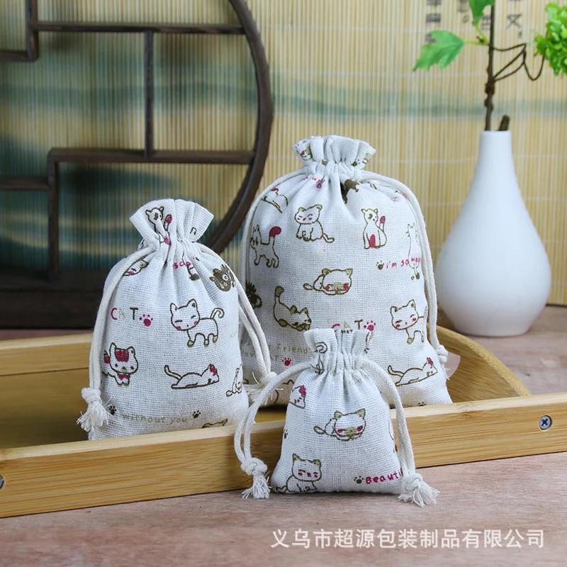 10pcs/lot Linen Drawstring pocket Cute Pattern Printed DIY wedding Candy Storage Bag Travel Makeup Cloth Shoes Sundries Storage