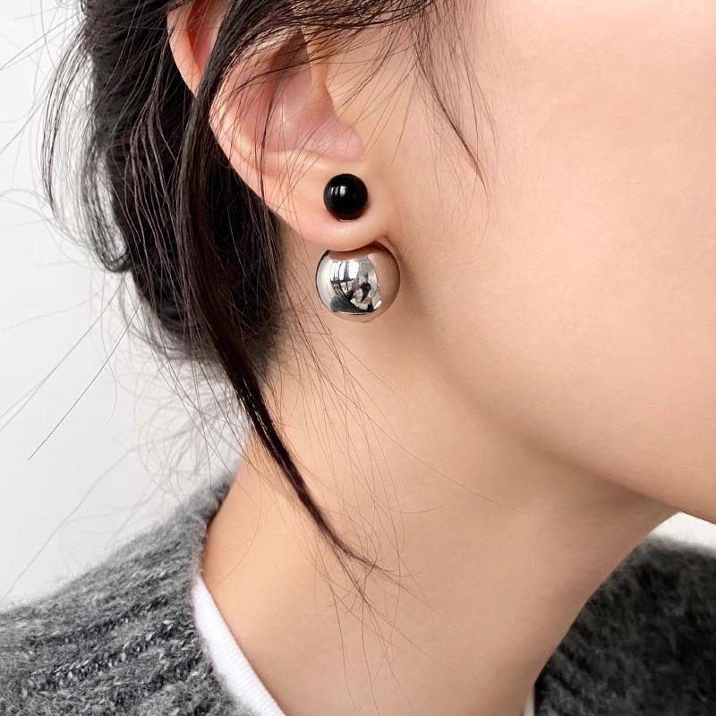 S Silver Needle Trendy Dark Geometric Black Agate Ball Metal Ball Earrings Women s Two Wear Earrings