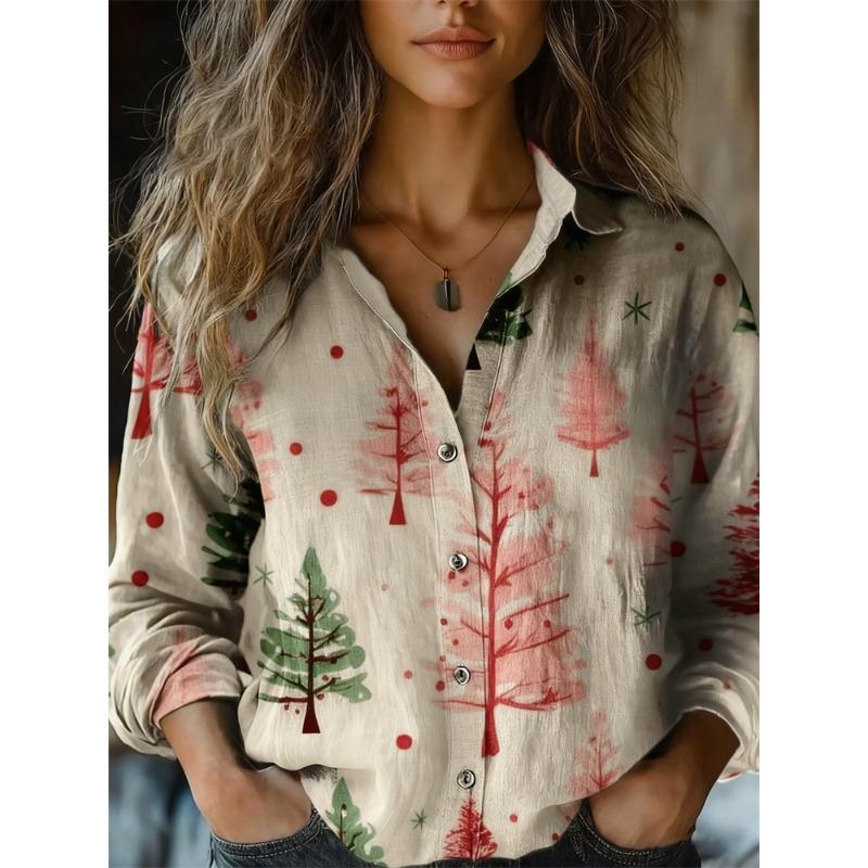 Christmas Style Women's Long-Sleeve Collared Breathable Shirt Relaxed Fit Plus Size Women's Christmas Party Top