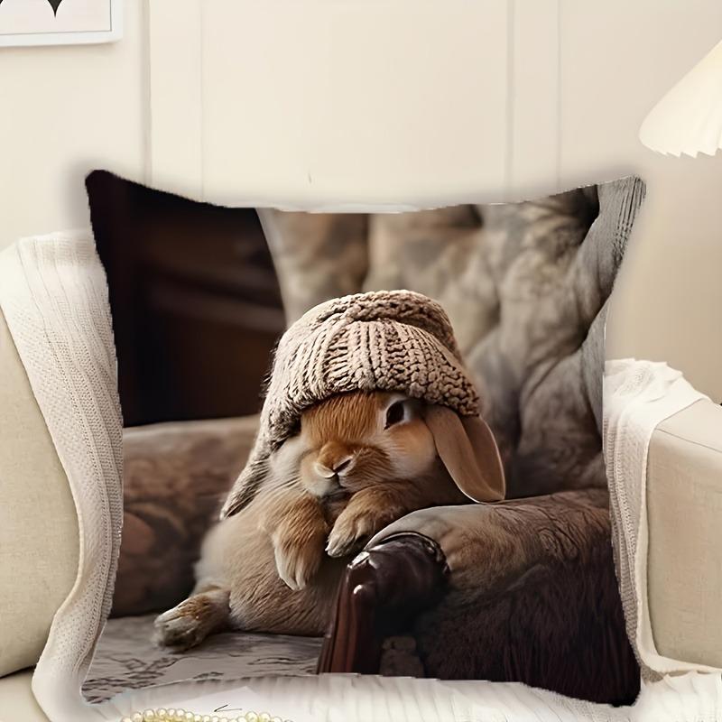 

Cute rabbit pattern D flatprinted pillowcase holding cupwearing hat super cute and fresh decorative pillowcase 40cmx40cm