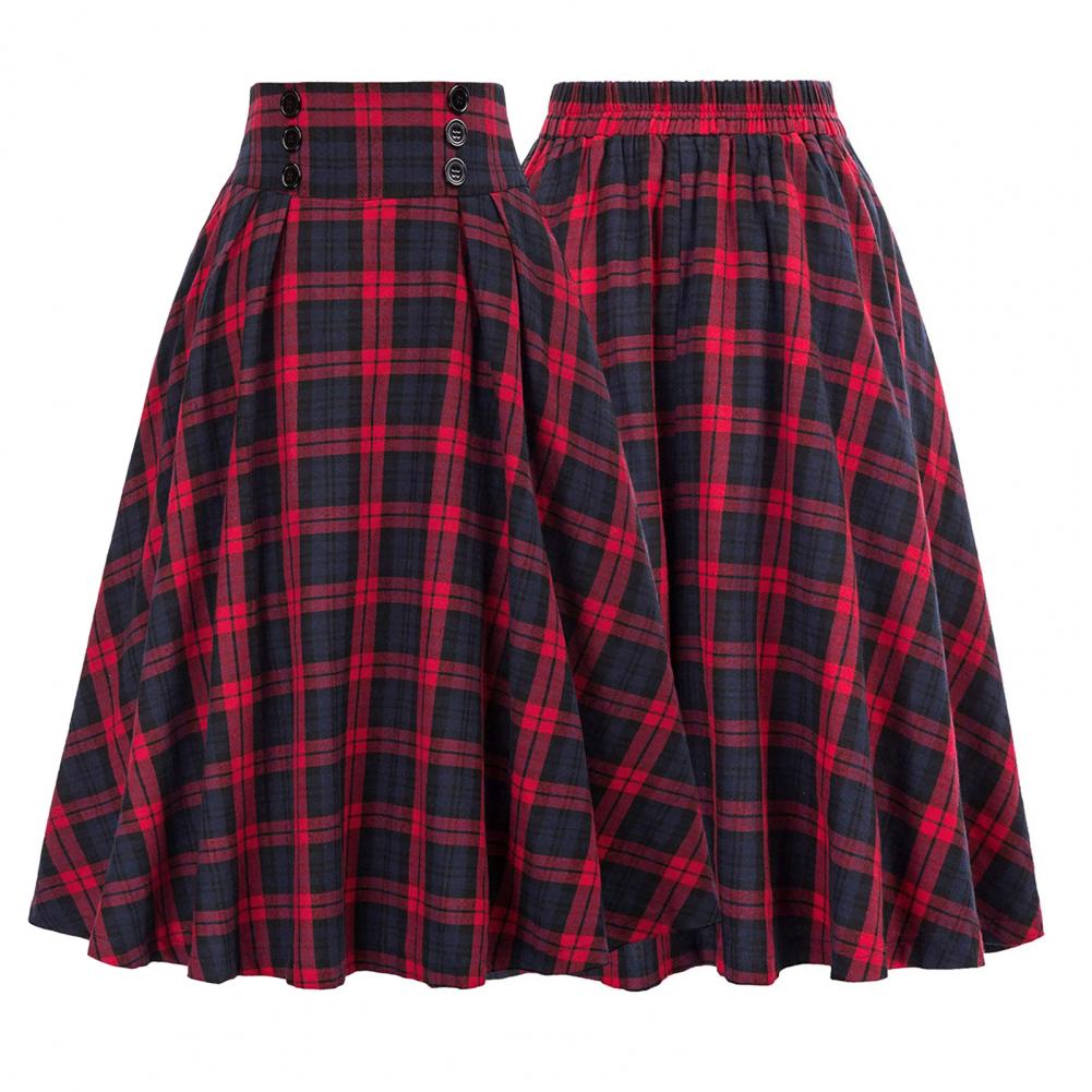 Spring Autumn Women's Skirt Elastic Waist Big Hem A-line Colorblock Plaid Print Loose Fit Skirt Ankle Length Pockets Retro Lady Maxi Skirt