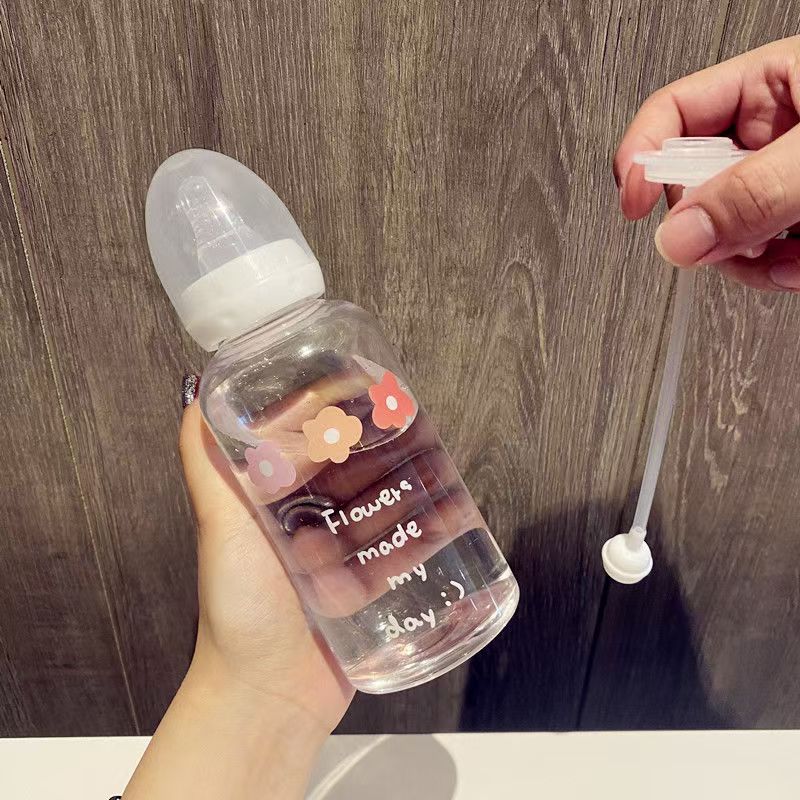 Cute Cartoon Plastic Water Bottle Pacifier Straw Cup Suitable For Adult Children Milk Drinking Bottle Flower Baby Feeding Bottle