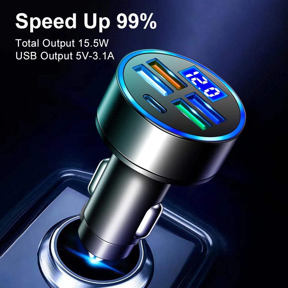 USB C Car Charger PD Type C 20W Muti 5 Ports Fast Charging 3.1A Mobile Phone Car Adapter LED Digital Display for Iphone Xiaomi