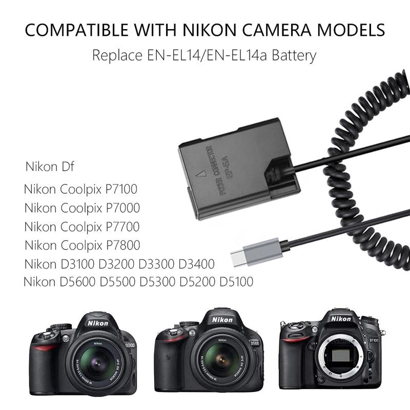 PD USB-C To EP-5A EN-EL14 Dummy Battery Power Adapter for Nikon D3100 D3200 D3300 D3400 D3500 D5100 D5200 D5300 D5500 D5600