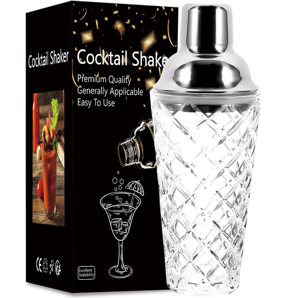 Glass Cocktail Shaker Woven Texture Glass Stainless Steel Lid Cocktail Glass with Leak-Proof Metal Steel Lid and Strainer