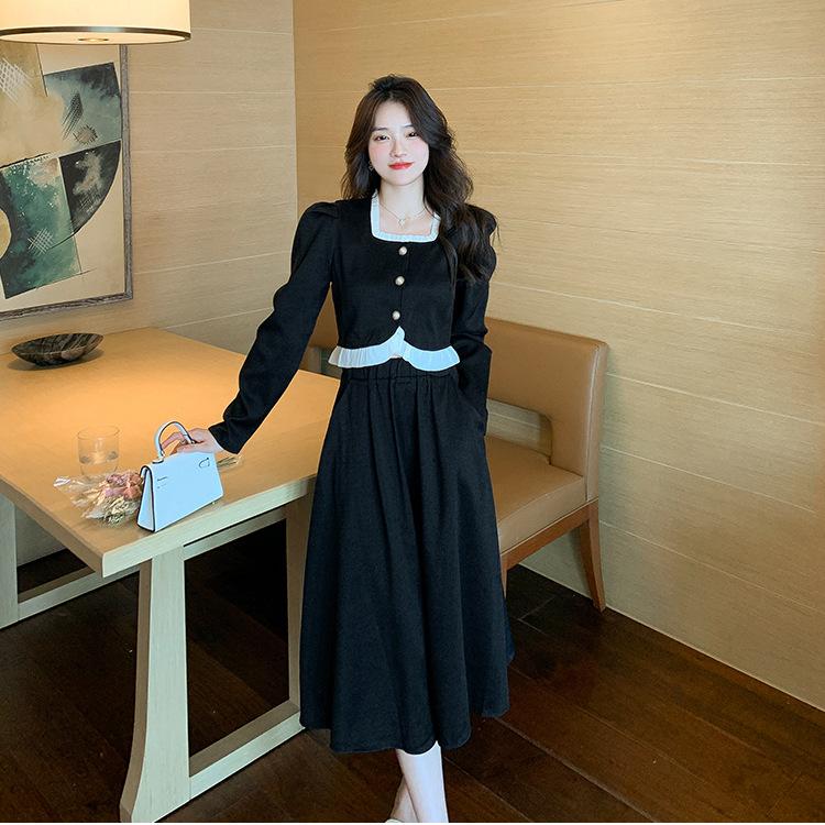 Ruffled Long-sleeved Top, Small Fragrant Skirt, Women's Autumn and Winter Fashionable Large Size Slimming Two-piece Set