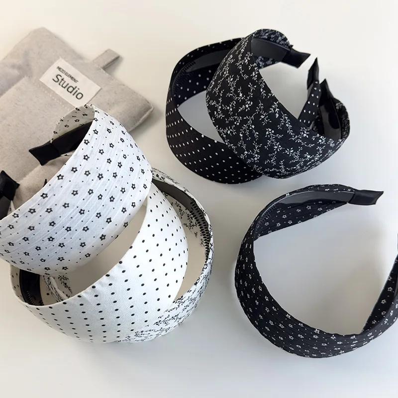 Retro Black White Polka Dots Small Flower Wide Edge Headbands Woman Temperament Hair Band Female Party Hair Hoop Vogue Headdress