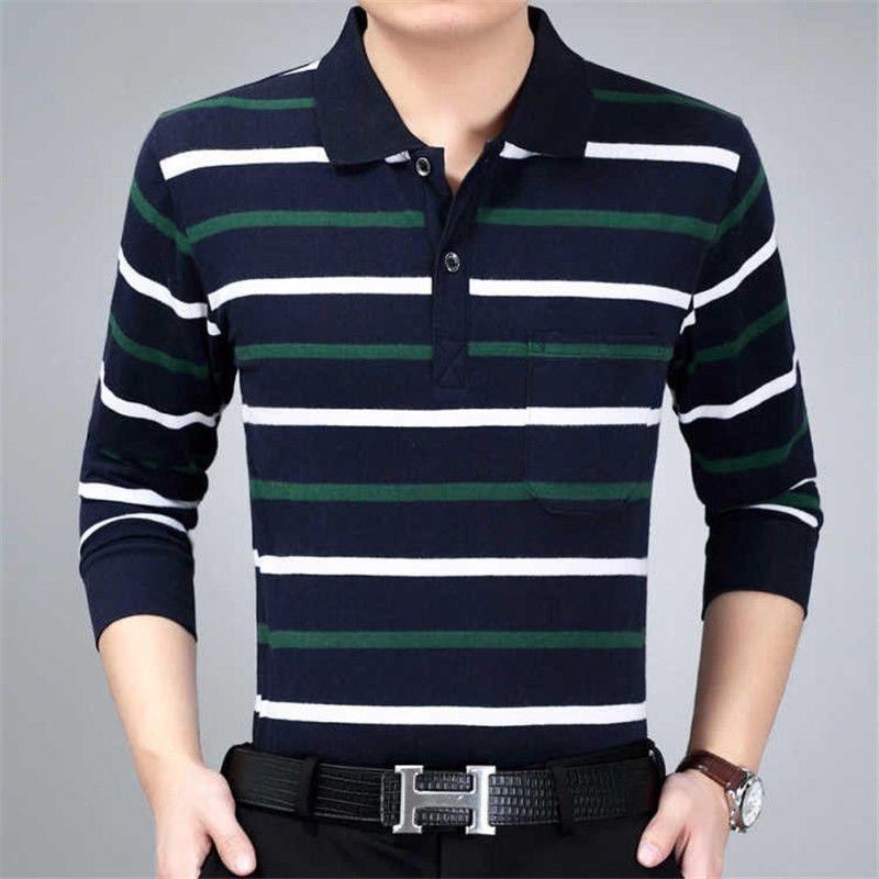Moda Hombre Nuevo Negocios Camisas Polo Rayadas Coreano Primavera Otoño Casual Manga Larga Solapa Bolsillos Ropa Masculina Algodón Tops 2025