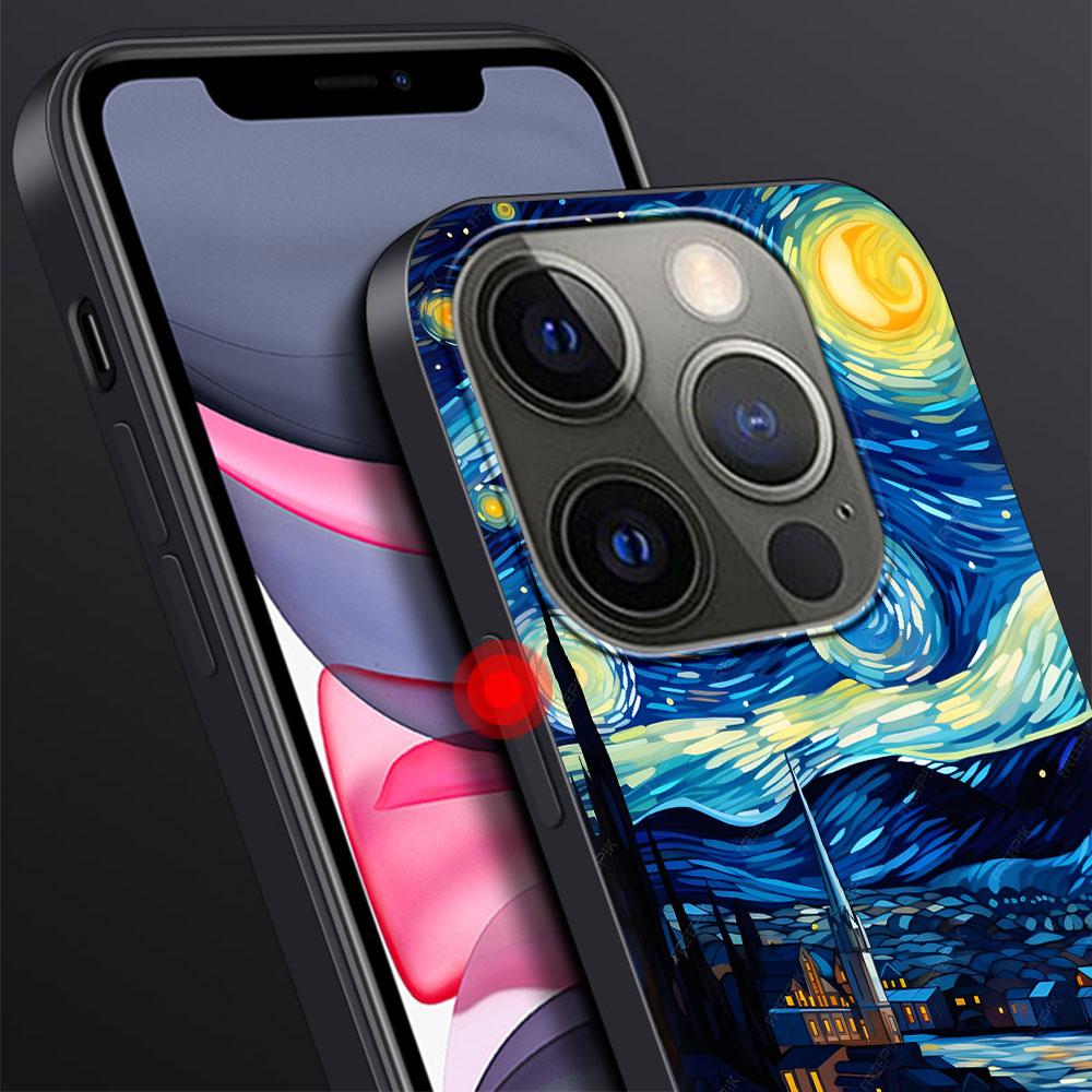 Starry Night Van Gogh Art Case for Apple iPhone 14 11 7 SE 2020 8 X XS 13 12 Mini XR 15 Pro Max Silicone Black Soft Phone Cover