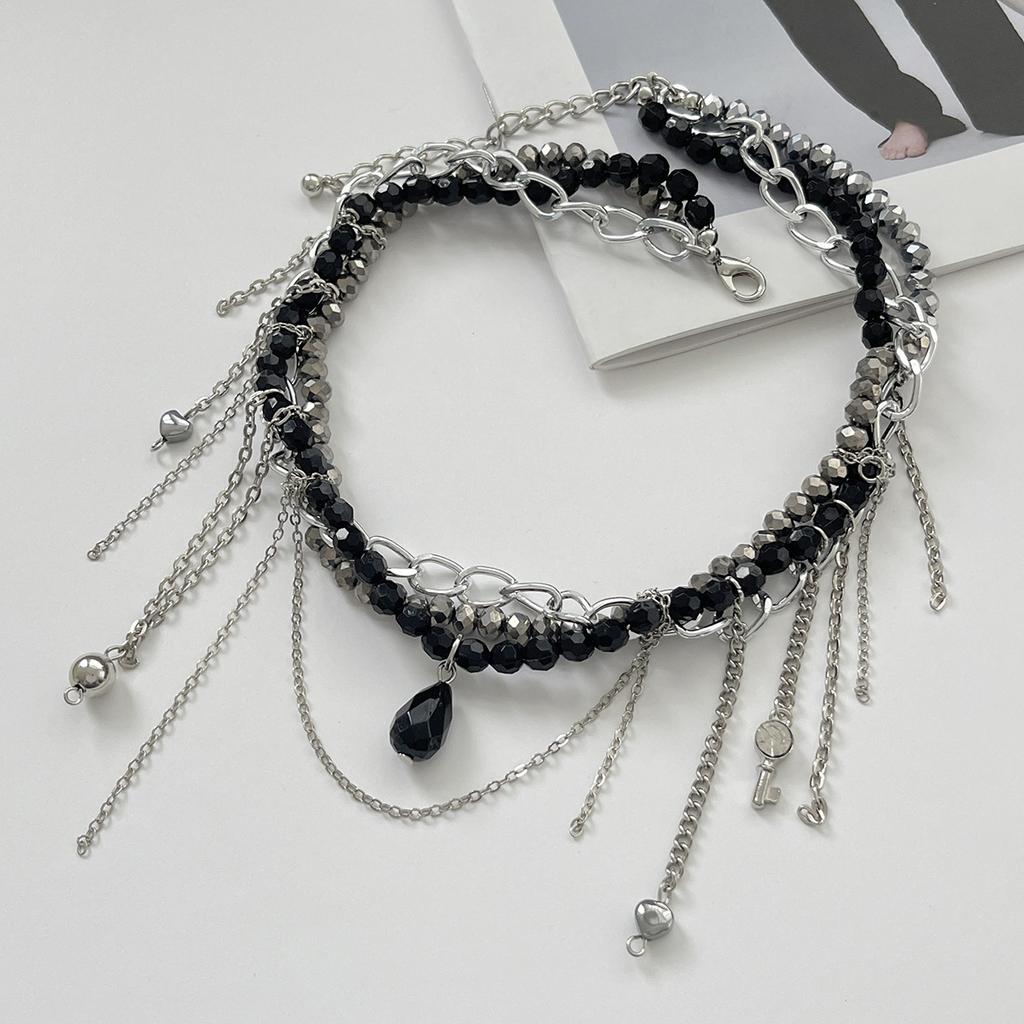 Retro Water Drop Key Heart Shaped Round Bead Tassel Pendant Necklace 2025 Multi Layer Black Crystal Girl Fashion Jewelry