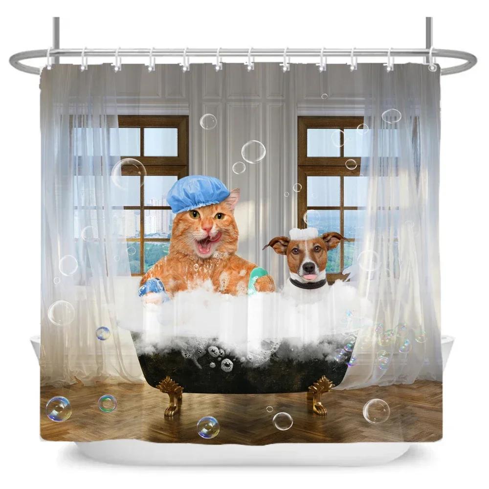 Funny Cute Cartoon Bathing Cat Dog Shower Curtains Bathroom Bathtub Decoration Waterproof Bath Curtain Home Decor With Hooks