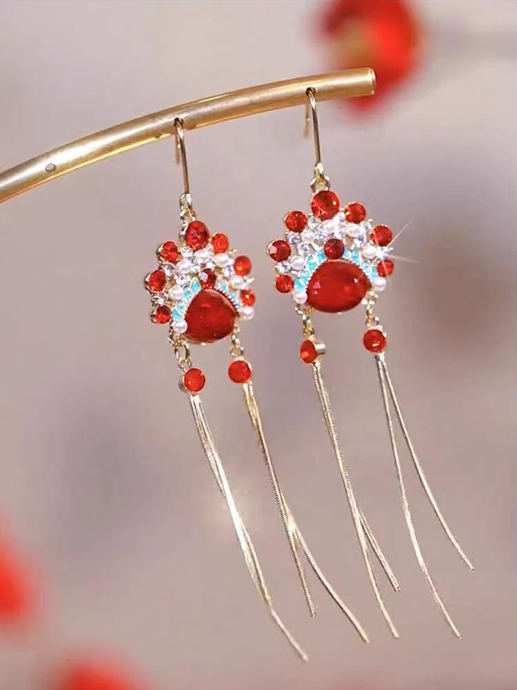 

2023 Китайский Красный Маска Пекинской Оперы Кисточки Серьги с Ушными Пряжками - Высококлассный Звездный Стиль