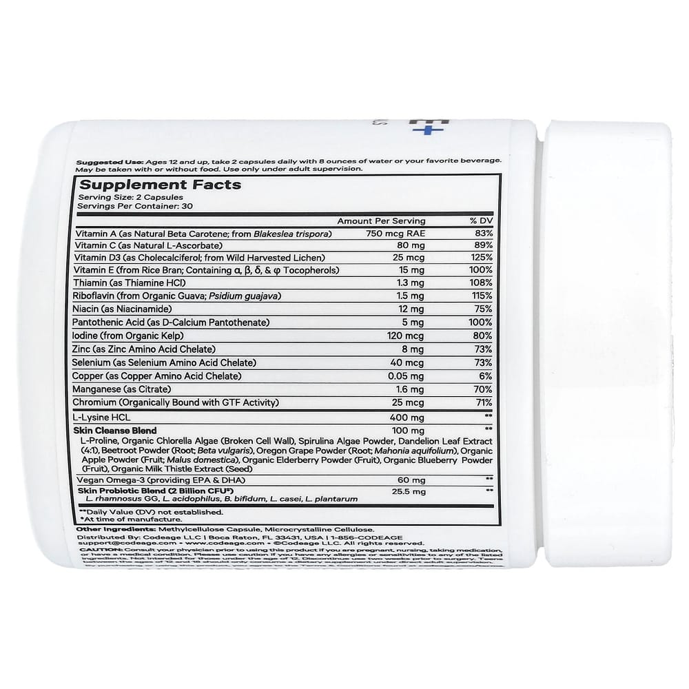 Codeage Teen Clear Face Vitamin for All Skin Types, 60 Capsules