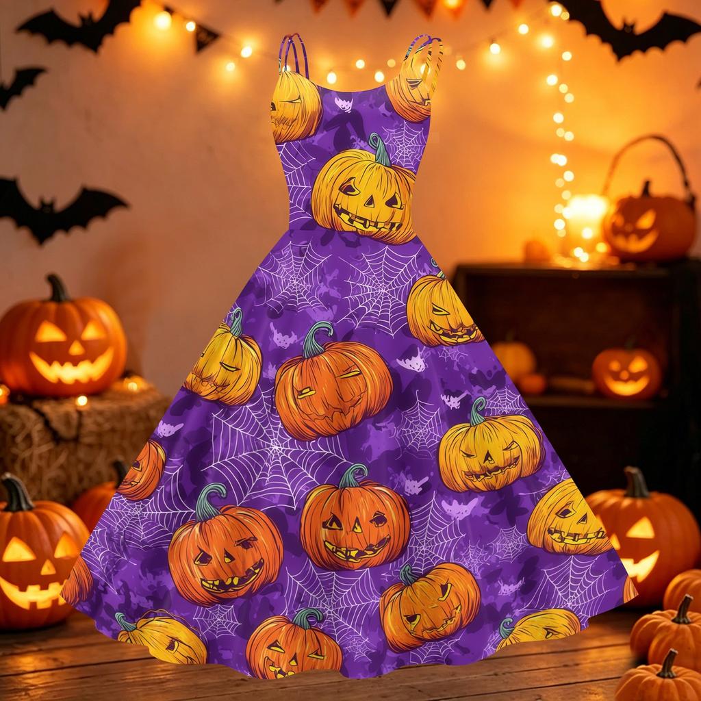 Women's Vintage Punk Off Shoulder Dress Halloween Print Sleeveless Spaghetti Strap Swing Dress Retro Gothic Style Dress