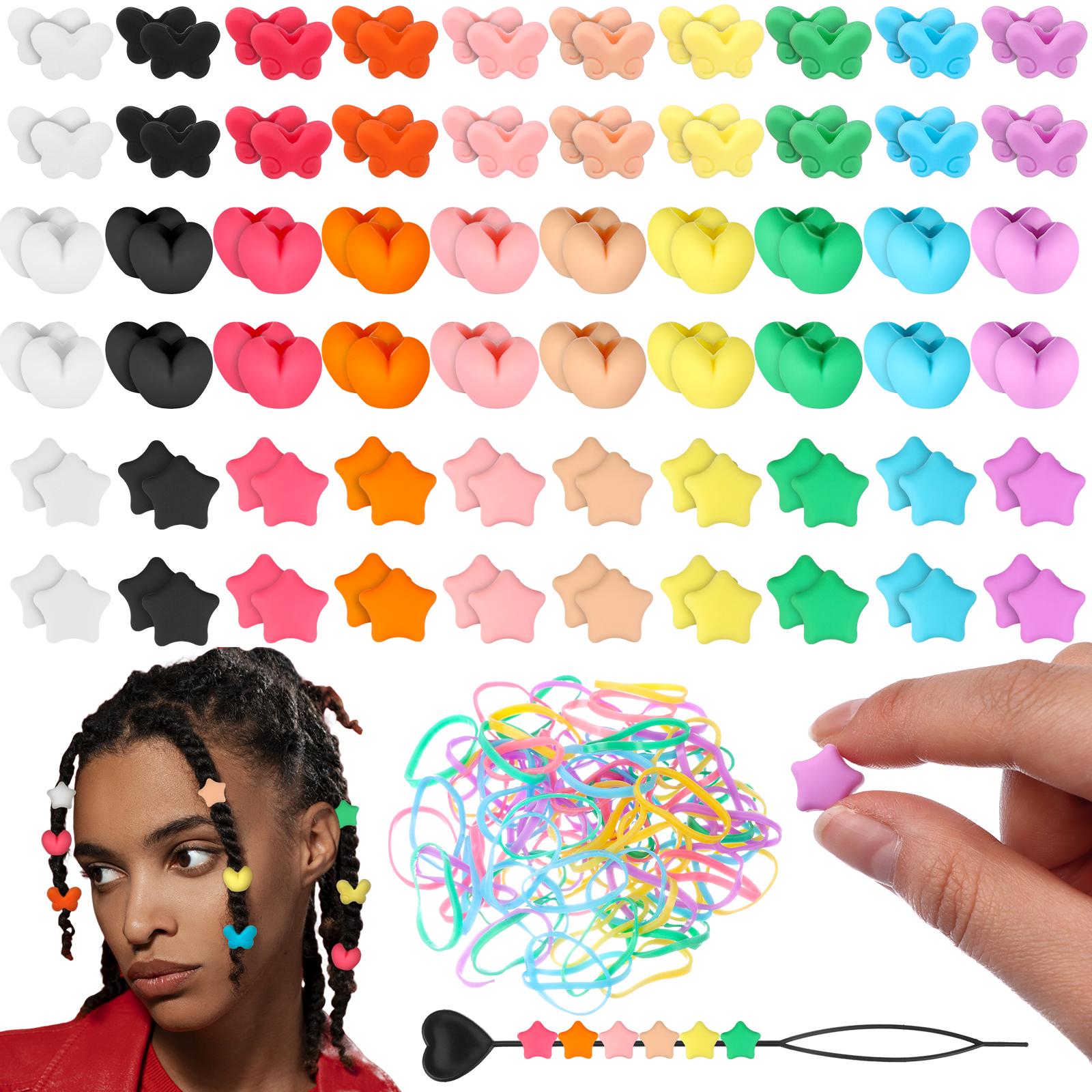 

180Pcs Silicone Hair Beads 5Mm Heart Star Butterfly Colorful Soft Pony Beads Bulk Hair Accessories With Quick Beader And 100 Rub бронзовый